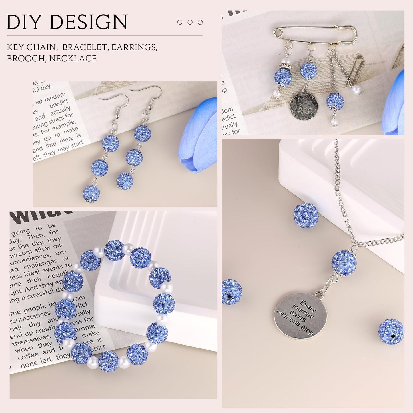 150 pcs 10mm Rhinestone Beads for Jewelry Making, Light Blue Shiny Round Shamballa Disco Beads Bulk, Sparkle Crystal Clay Christmas for Bracelet Baseball Necklace Earring Crafting and DIY