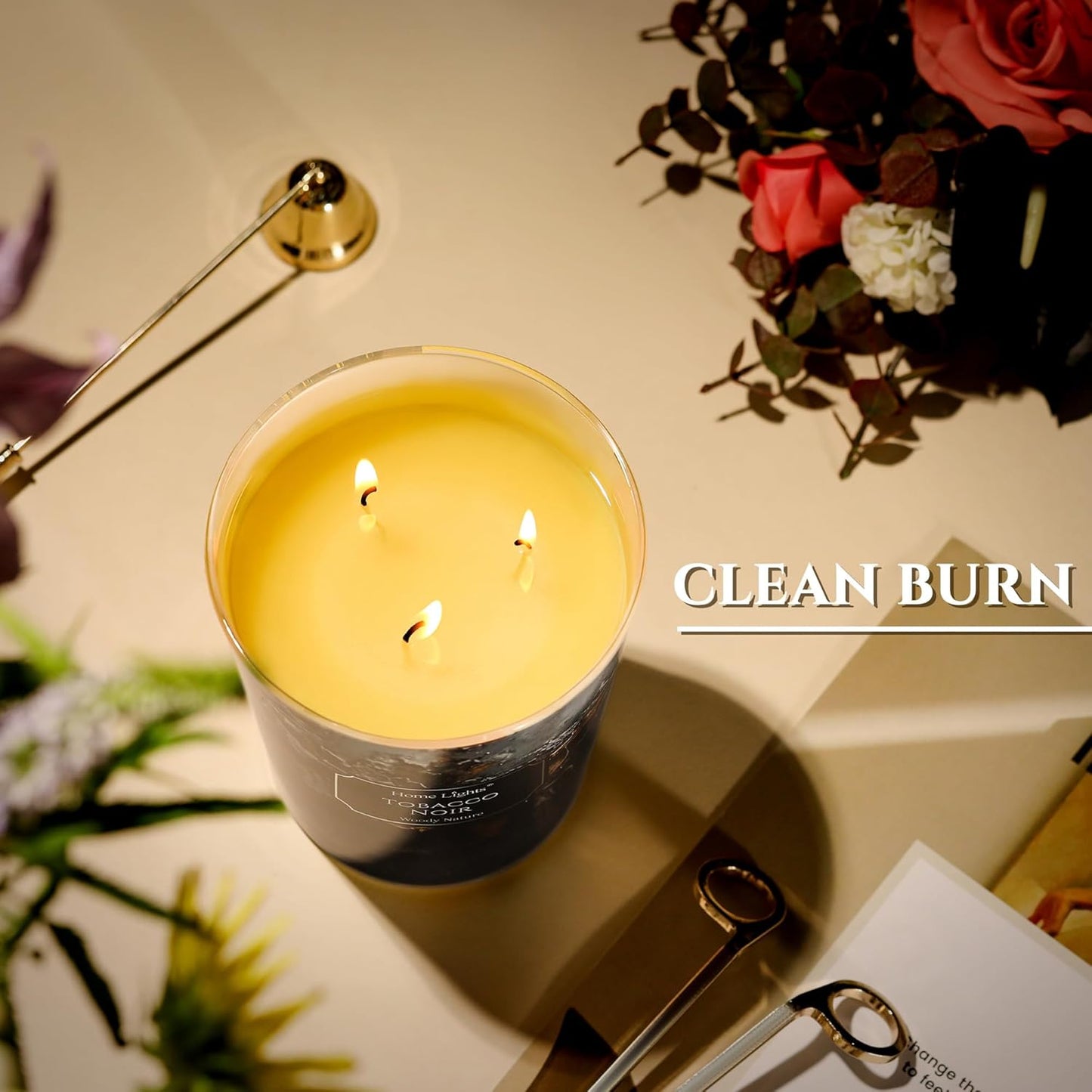HomeLights Scented Candles for Women & Men, 34oz Candle Jars Aromatherapy 3-Wick Candle, Ideal for Industrial Chic Home Decor and Gifts, Tobacco Noir