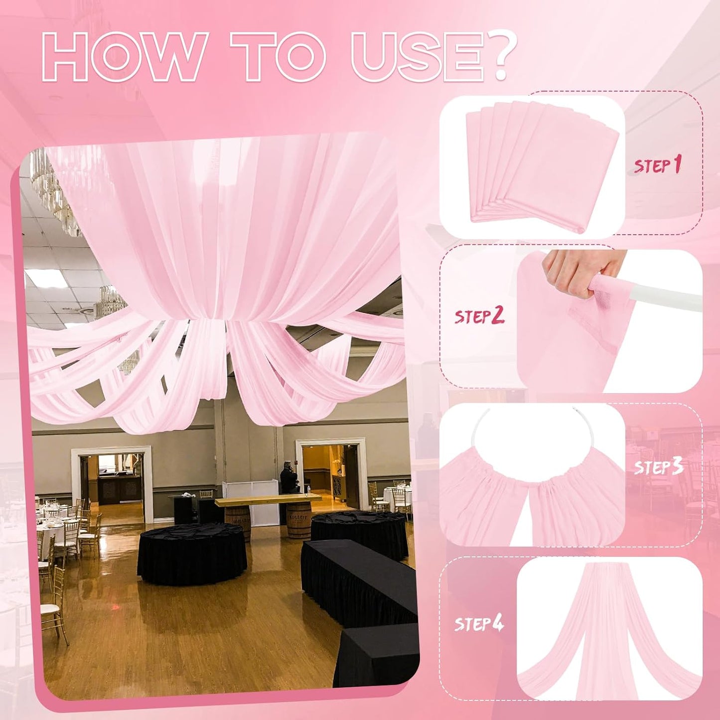 6 Panels Pink Ceiling Drapes for Wedding 5ftx20ft Ceiling Drapes Wedding Arch Draping Fabric Cheesecloth Sheer Curtain Romantic Ceiling Decorations for Weddings Party Banquet Ceremony Stage