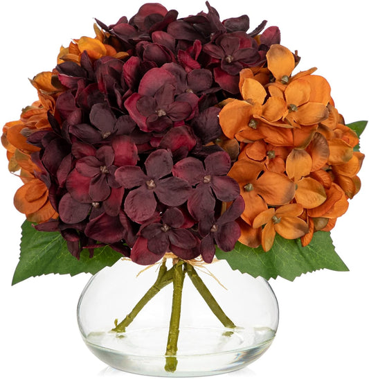 Hollyone Fall Hydrangea Artificial Flowers for Decoration with Glass Vase Dark Red Orange Autumn Silk Faux Flower Arrangements with Faux Water Fake Bouquet Table Centerpiece Fall Decorations for Home