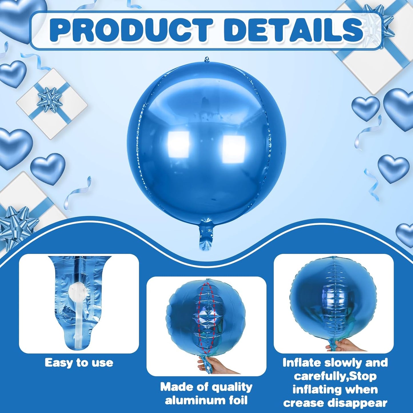 6Pcs Blue Silver Round Foil Balloons,Giant 4D Round Ball Balloons,22 Inch Metallic Blue Silver Balloon for Birthday Wedding Graduation Prom Party Decorations