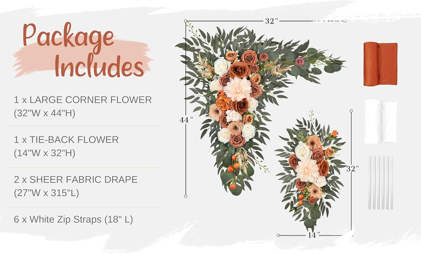 Wedding Arch Flowers with Drapes Kit (Pack of 4) - 2pcs Artificial Terracotta Deluxe Swag with 2pcs Sheer Drapes for Wedding Ceremony Arbor Reception Backdrop Rose Floral Decoration