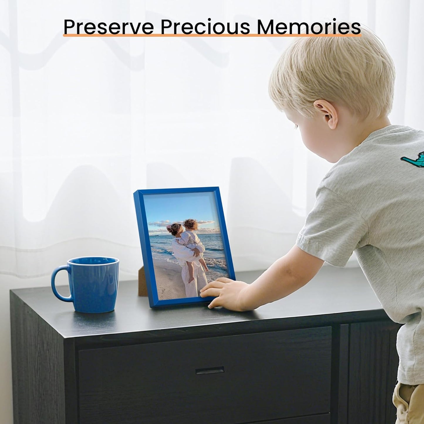 upsimples 5x7 Picture Frame Set of 3, Made of High Definition Glass for 5 x 7, Wall and Tabletop Display Thin Border Photo Frames for Home Decor, Blue