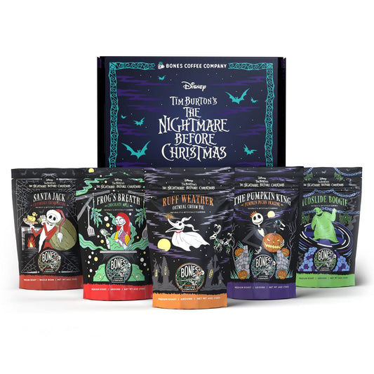 Bones Coffee Company The Nightmare Before Christmas Collector's Box 5 Flavored Coffee Low Acid Medium Roast Arabica Beans Specialty Coffee Gifts For Auto Drip and French Press, 4 oz Pack of 5 Ground