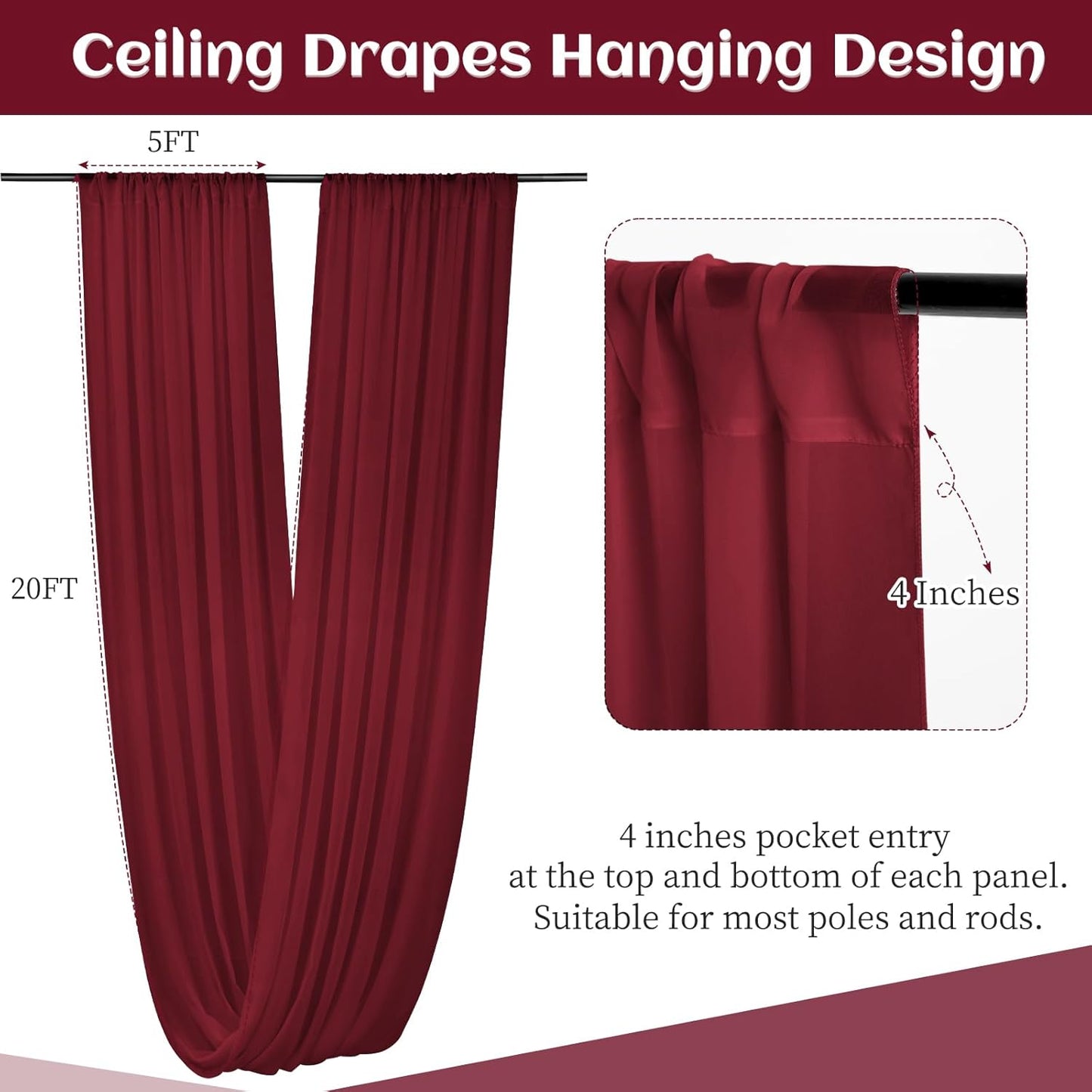 6 Panels Burgundy Wedding Ceiling Drapes 5ftx20ft Ceiling Drapes Chiffon Fabric Arch Draping Sheer Curtains Soft Drapery Draping Wedding Ceiling Decorations for Party Ceremony Stage Swag
