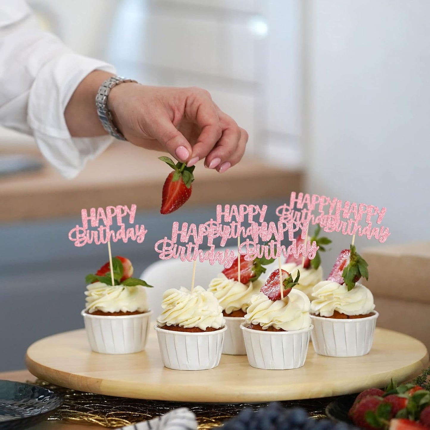 Gyufise 24Pcs Happy Birthday Cupcake Toppers Pink Glitter Celebrating Birthday Cake Picks Baby Shower Kids Birthday Party Decoration Supplies