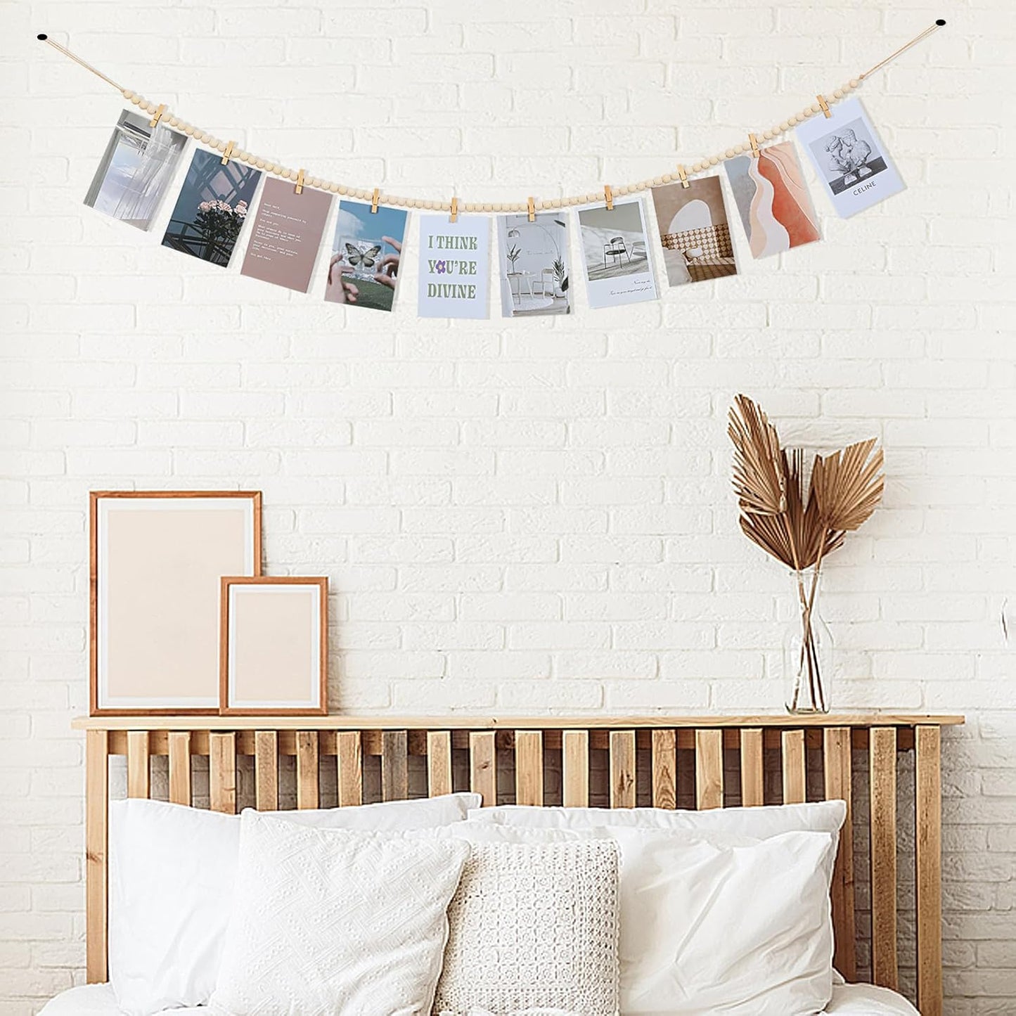 Hanging Photo Display with Clips, Boho Wooden Bead Garland Collage Picture Frame Wall Decor, Photo String with 10 Clips for Bedroom Room Dorm Cubicle Decor, Christmas Teen Girls Gifts