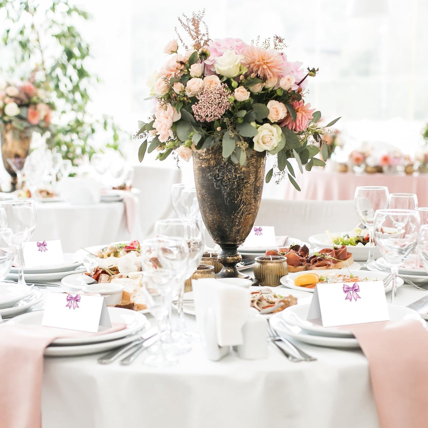 25 Purple Bow Place Cards for Table Seating, Watercolor Wedding Name Place Card, Tent Cards for Birthday Baby Shower Bridal Shower Reception Dinner Party Decorations -A26