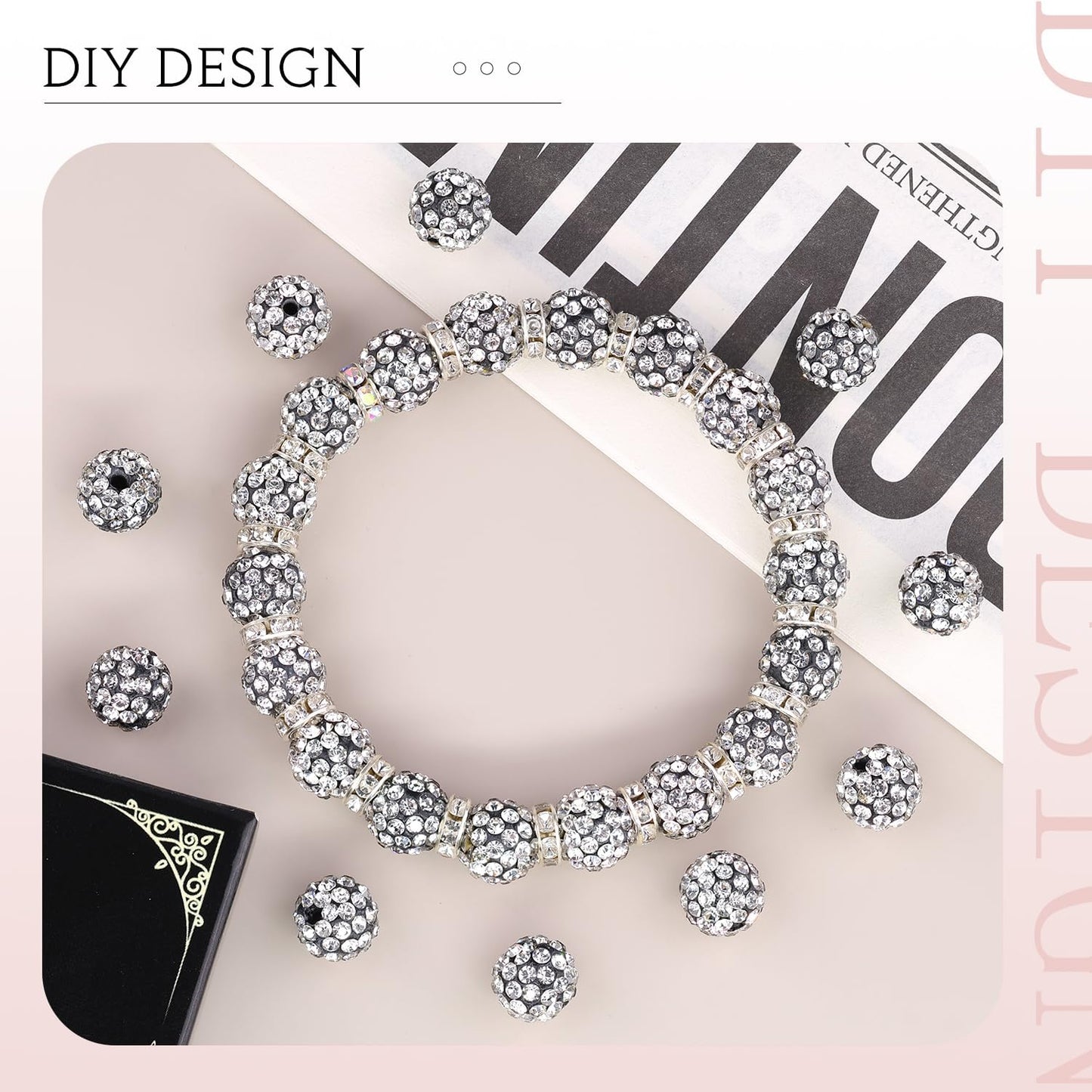 150pcs 10mm Rhinestone Beads for Jewelry Making, Black White Shiny Round Shamballa Disco Ball Beads, Sparkle Crystal Clay Christmas for Bracelet Baseball Necklace Earring Crafting and DIY