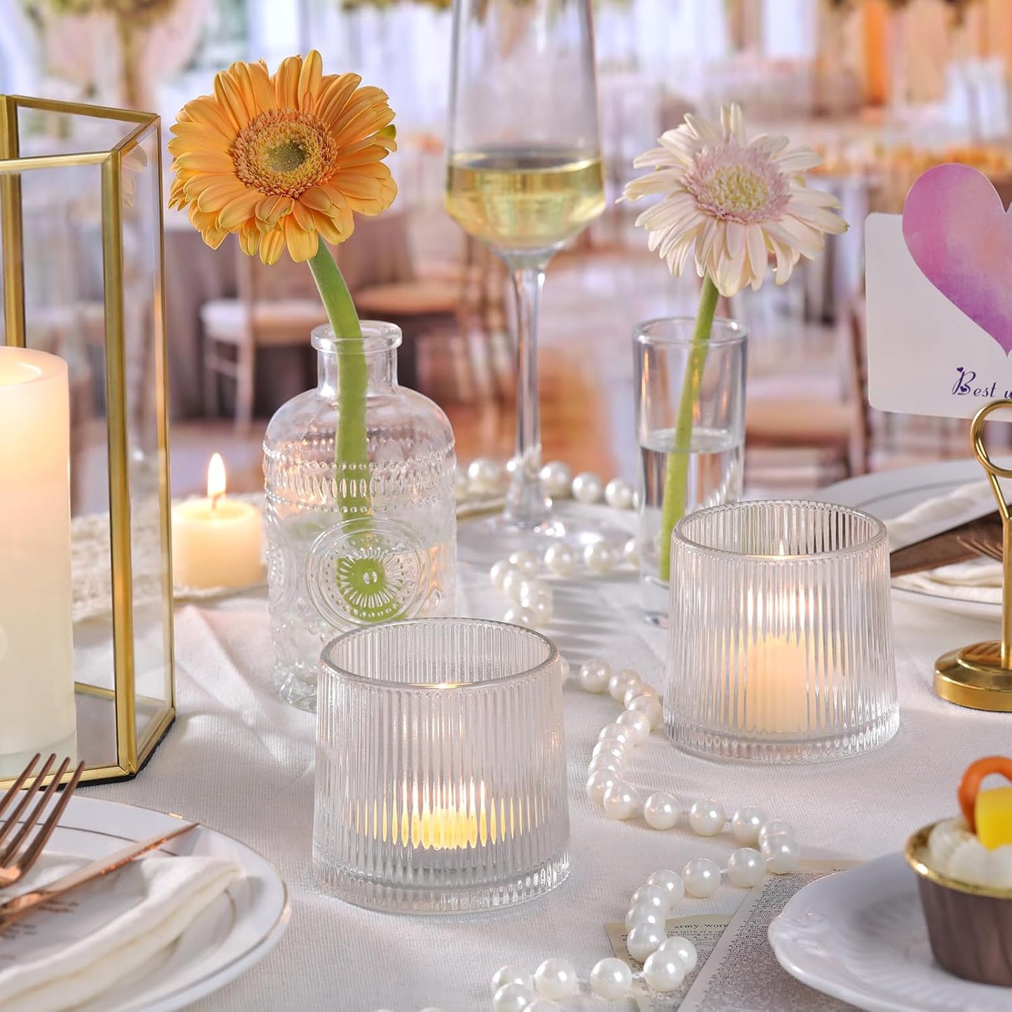 DARJEN Clear Ribbed Tealight Votive Candle Holders- 6Pack Glass Candle Holders for Table Centerpiece, Home Decor, Wedding Decor, Party Dinner