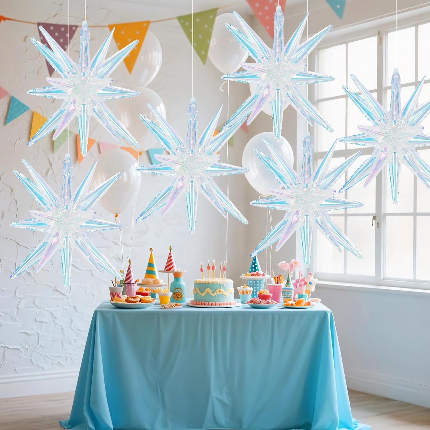 Iridescent Star Balloons,9Pcs 22Inch Iridescent Clear Explosion Spike Cone Helium Polyester Film Star Foil Balloons for Birthday Anniversary Baby Shower Wedding Disco Party Decorations