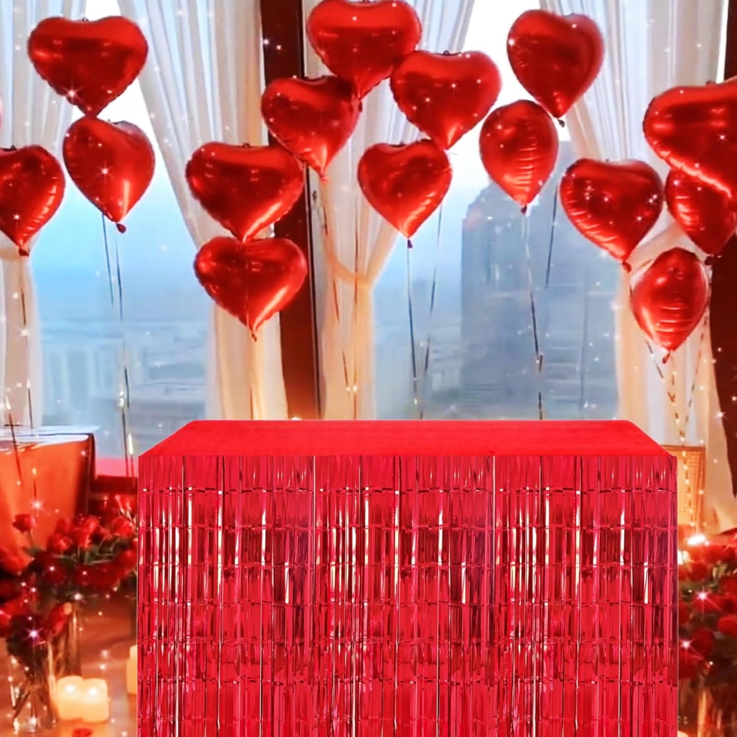 Red Streamers Party Decorations, 2 Packs Red Table Skirts Metallic Foil Fringe Tinsel for Birthday Graduation Valentine's Day Carnival Casino Wedding Float Parade Party Supplies - 29x108 Inch