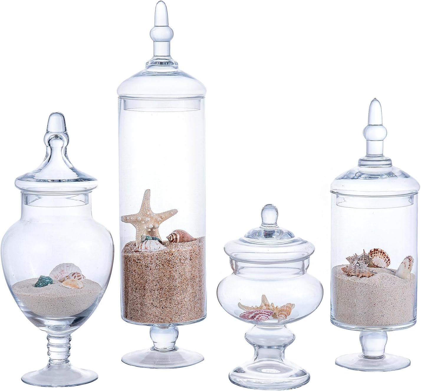 MyGift 4 Piece Set Clear Glass Apothecary Jars with Lids, Bathroom Decor, Candy Buffet, Wedding Centerpiece Decorative Jar