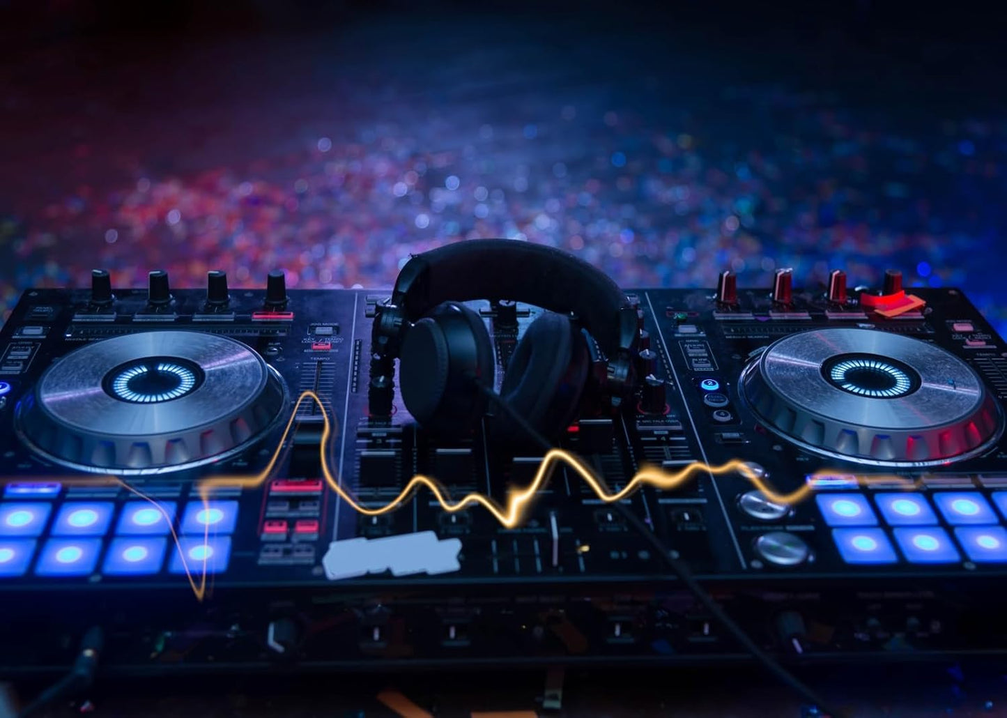 CORFOTO 12x10ft Fabric Dj Mixer with Headphones Backdrop Photography Dj Sound Equipment in Dark Background Musical Dance Disco Party Decorations Live Concert Stage Photoshoot Booth Studio Props