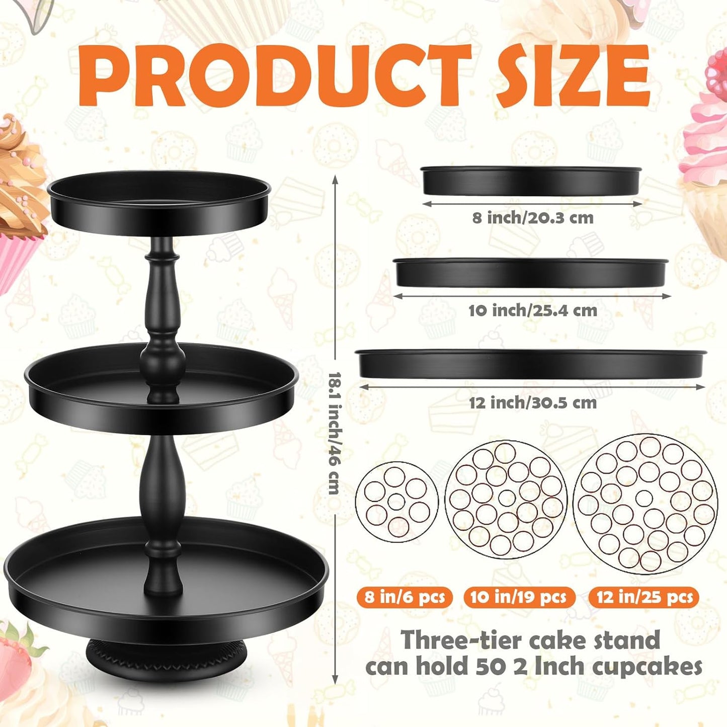 Maxdot 2 Pcs 3 Tier Cupcake Stand Holder, Round Cupcake Stand Serving Tray, Metal Tiered Tray Pastry Dessert Cake Tower Display Stand for Baby Shower Tea Party, Wedding and Birthday (Black)