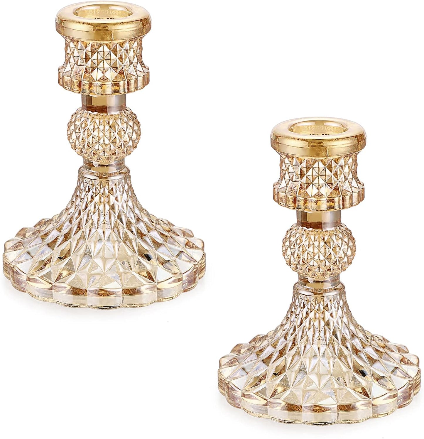 OwnMy Set of 2 Gold Glass Taper Candle Holders Decorative Glass Candlestick Holders, Modern Taper Candle Stands Candlesticks for Dining Table Centerpieces Wedding Church Decor