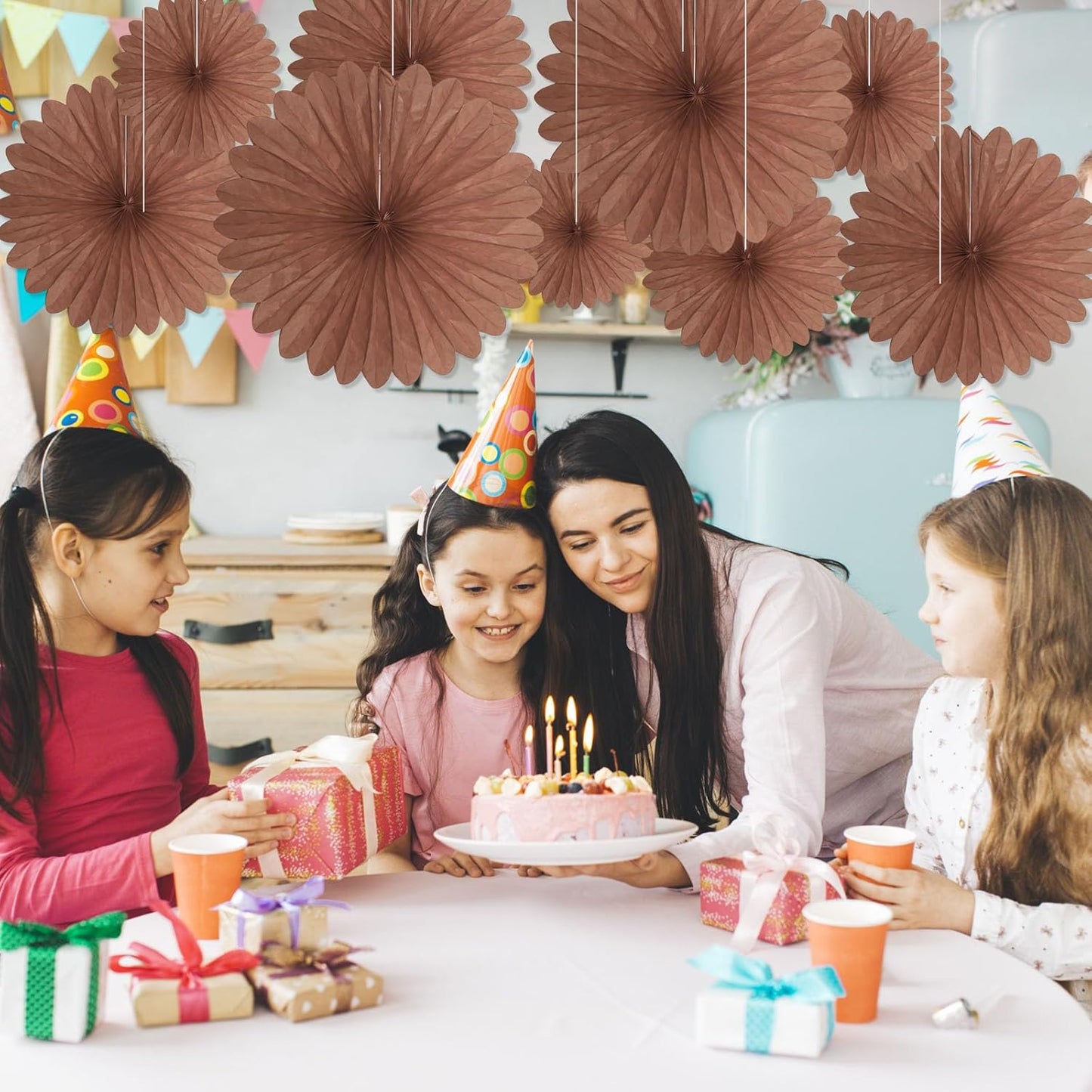 20 Pcs Deep Brown Hanging Paper Fan, Round Paper Fans Decorations Set for Weddings, Birthdays, Engagement, Bridal Shower, Baby Shower Event, Graduation, Party Supplies Decor