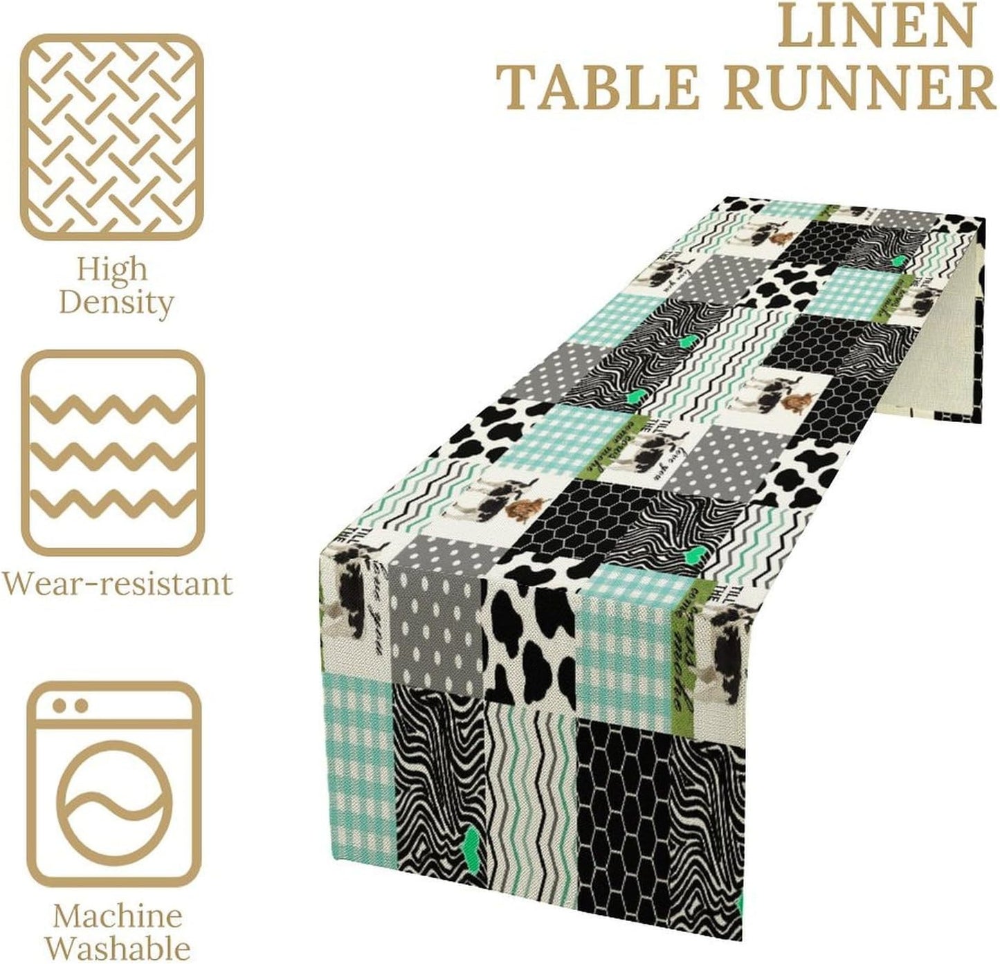 Cute Cow Print Table Runner,Farm Animals Honeycomb Plaid Stripes Cowhide Pattern Tablecloth Burlap for Hotel Indoors Outdoor Dining Room Kitchen Table Decor, 13x70in