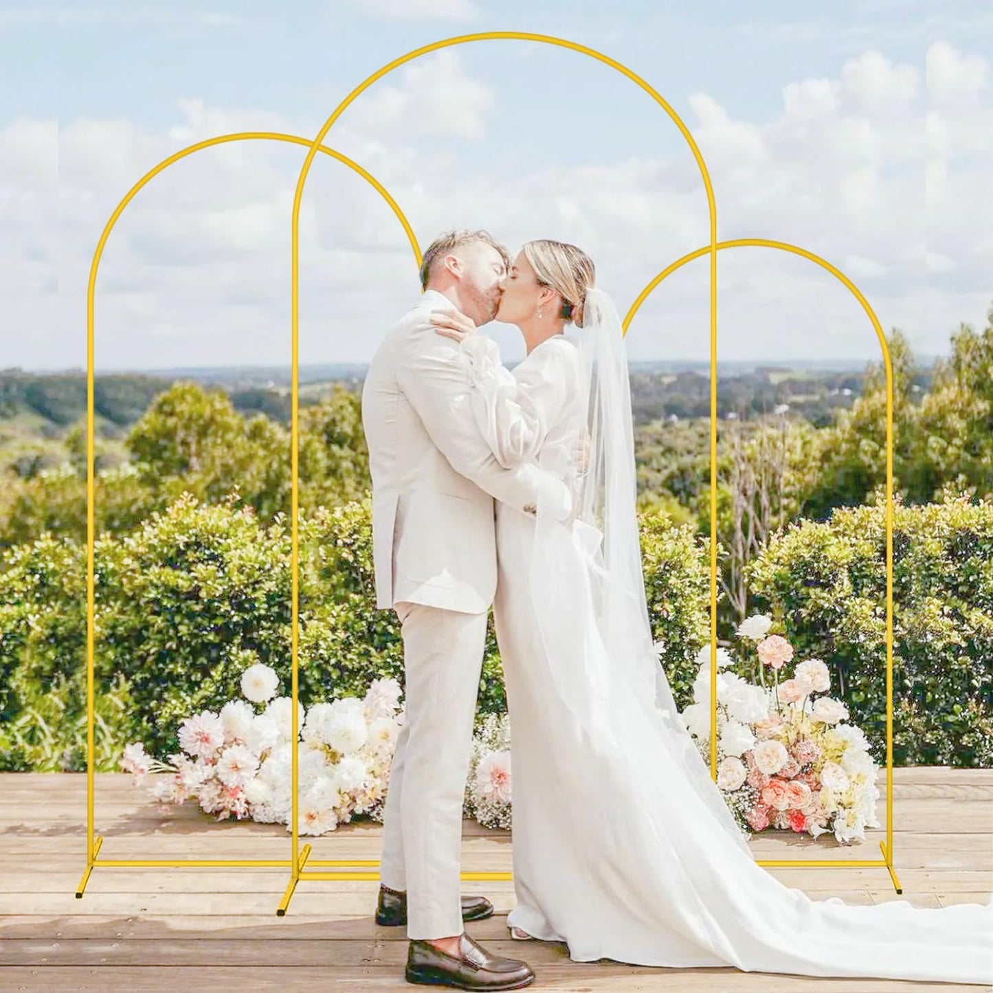 MODFUNS Arch Backdrop Stand and Cover Set 6&6.6&7.2ft Khaki Arch Backdrop Covers Set of 3 Gold Arch Frame Spandex Arched Covers for Party Birthday Banquet Wedding Ceremony Decoration