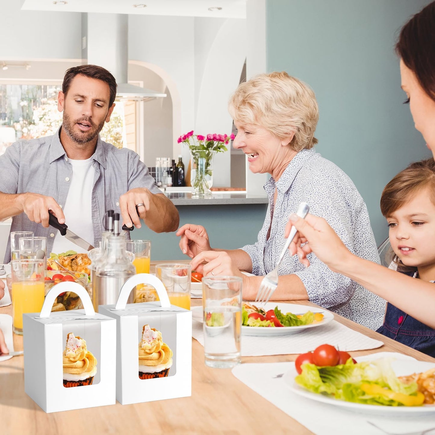 JCD 120Packs Cupcake Boxes with Window and Handle and Insert,Individual Disposable White Single Cupcakes Box Individuals Cupcake Holders White Single Cupcakes Boxes Containers (White/120Pcs)