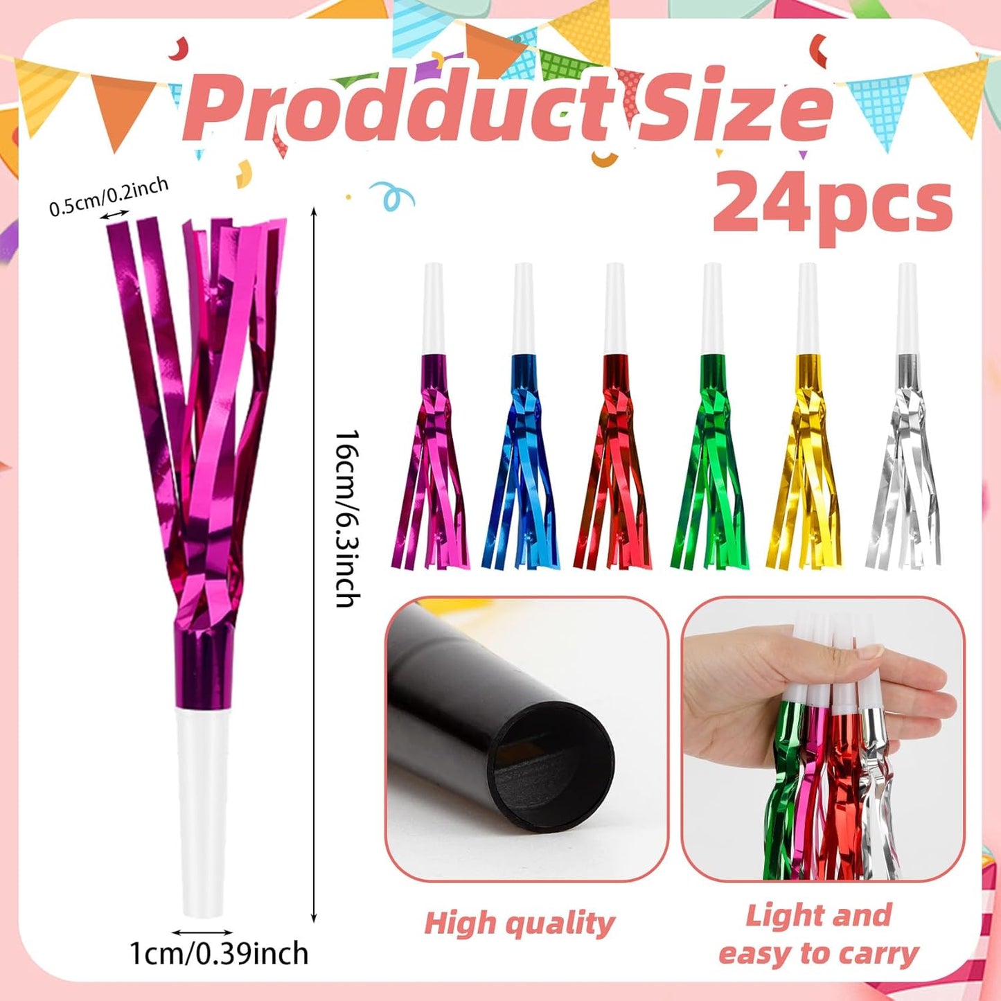 Party Blowers, 24 PCS New Years Noise Makers, Glitter Metallic Fringed Party Blowouts for Kids Birthday Graduations, Colorful Blow Horns Whistles for Christmas Weddings Family Sporting Events Supplies