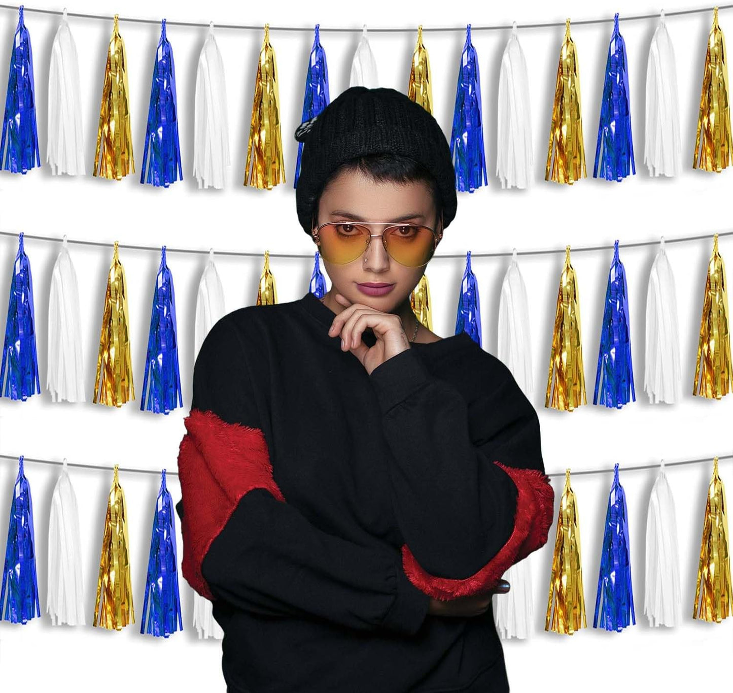 3P Metallic Fringe Tassel Banner Garland Foil Tinsel Streamer Wall Hanging Curtain Backdrop Banners for Parade Floats Birthday Party Graduation Retirement Party Decorations(Navy-Blue White and Gold)