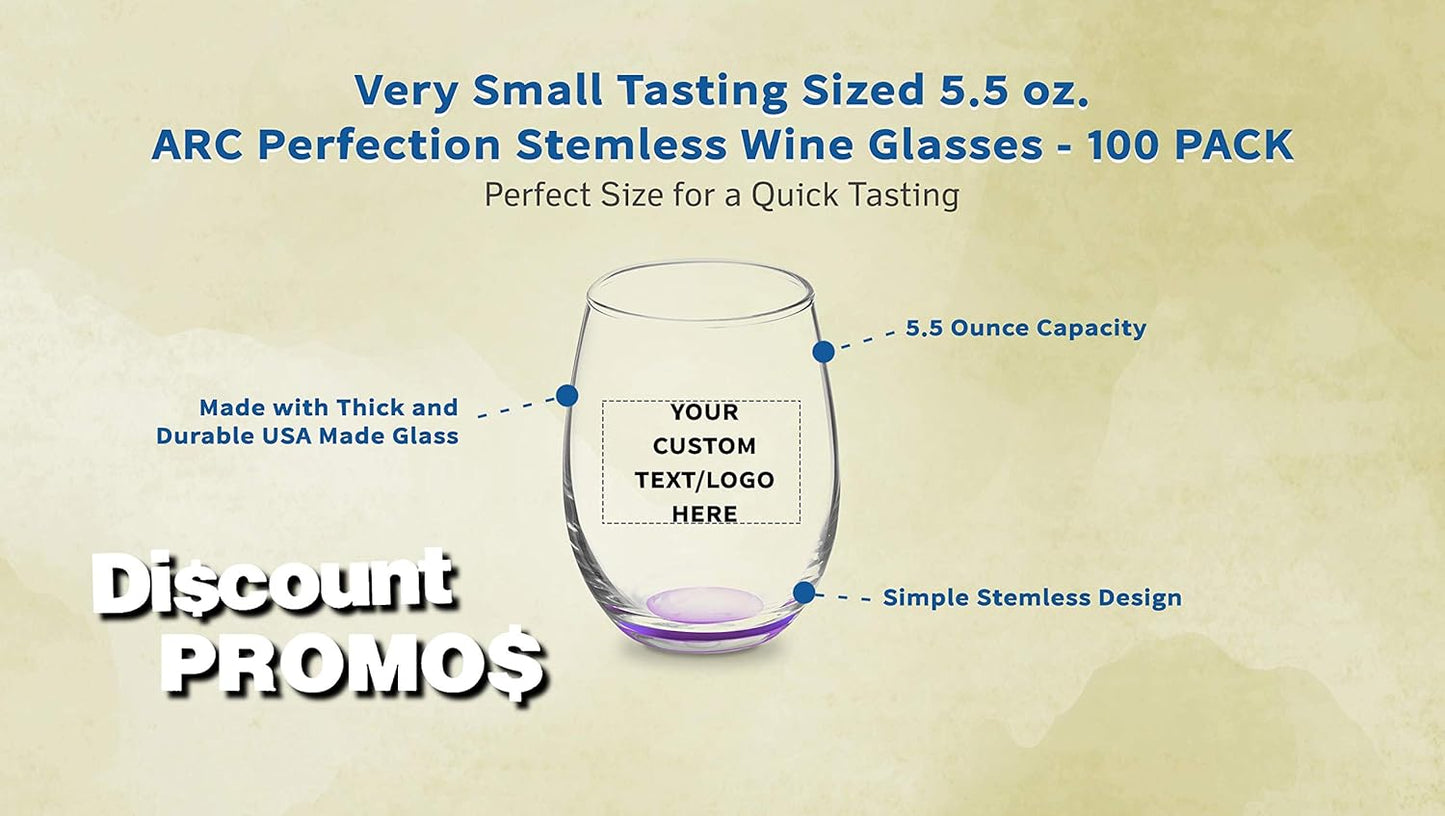 Custom Stemless Wine Glasses by ARC 5.5 oz. Set of 100, Personalized Bulk Pack - Perfect for Hotel, Bar, Restaurant or Lounge - Purple