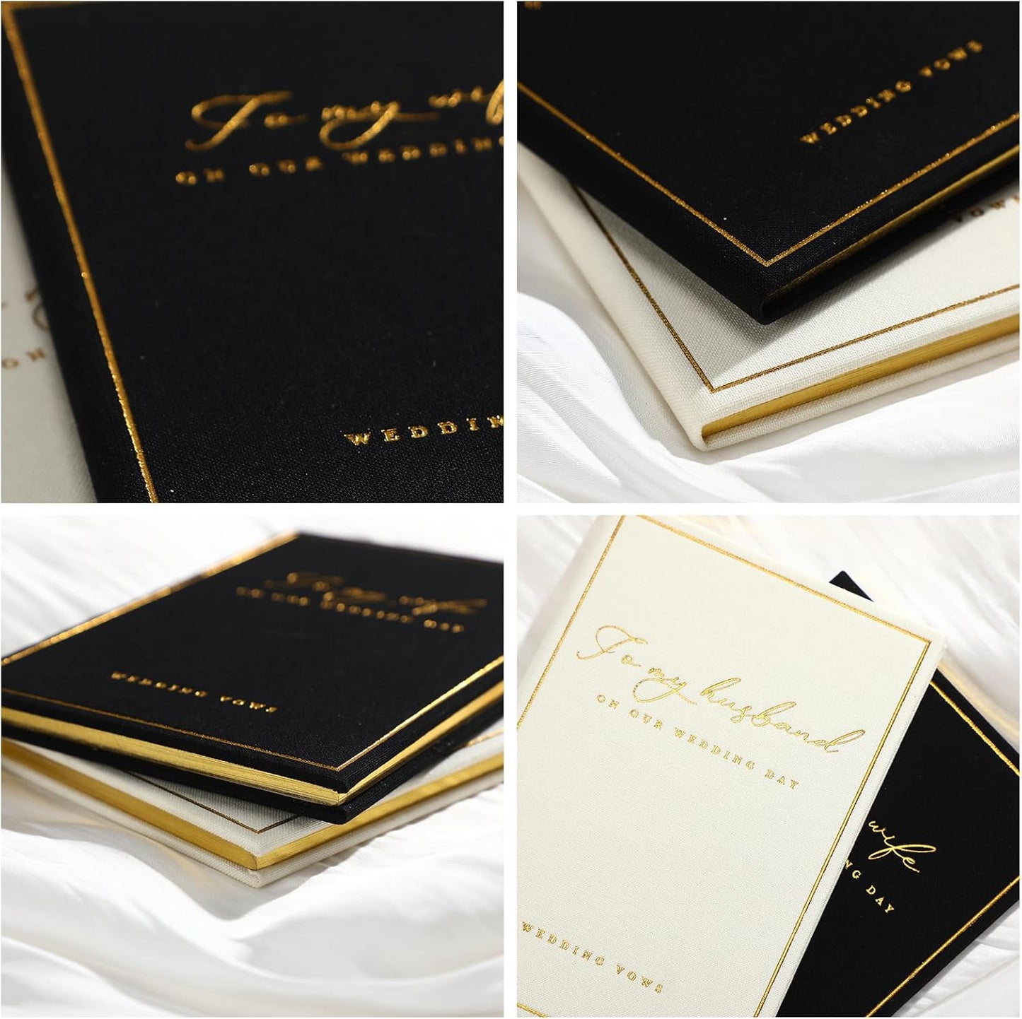 2 Pcs Wedding Vow Books His and Her to Husband Wife Wedding Must Have Registry Ideas Gold Foil Lined Page Premium Engagement Gift for Guest Groom Newly Engaged Couple(Black-White)