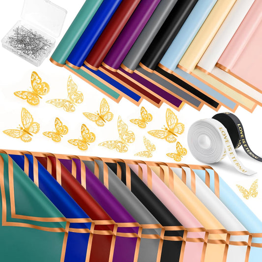 NESCCI 200 Sheets Flower Wrapping Paper - Waterproof Florist Bouquet Paper,70Ft Satin Ribbon, 36 Pcs 3D Butterflies 100 PCS Flower Pins for Wedding Birthday Gift DIY (10 Colors)
