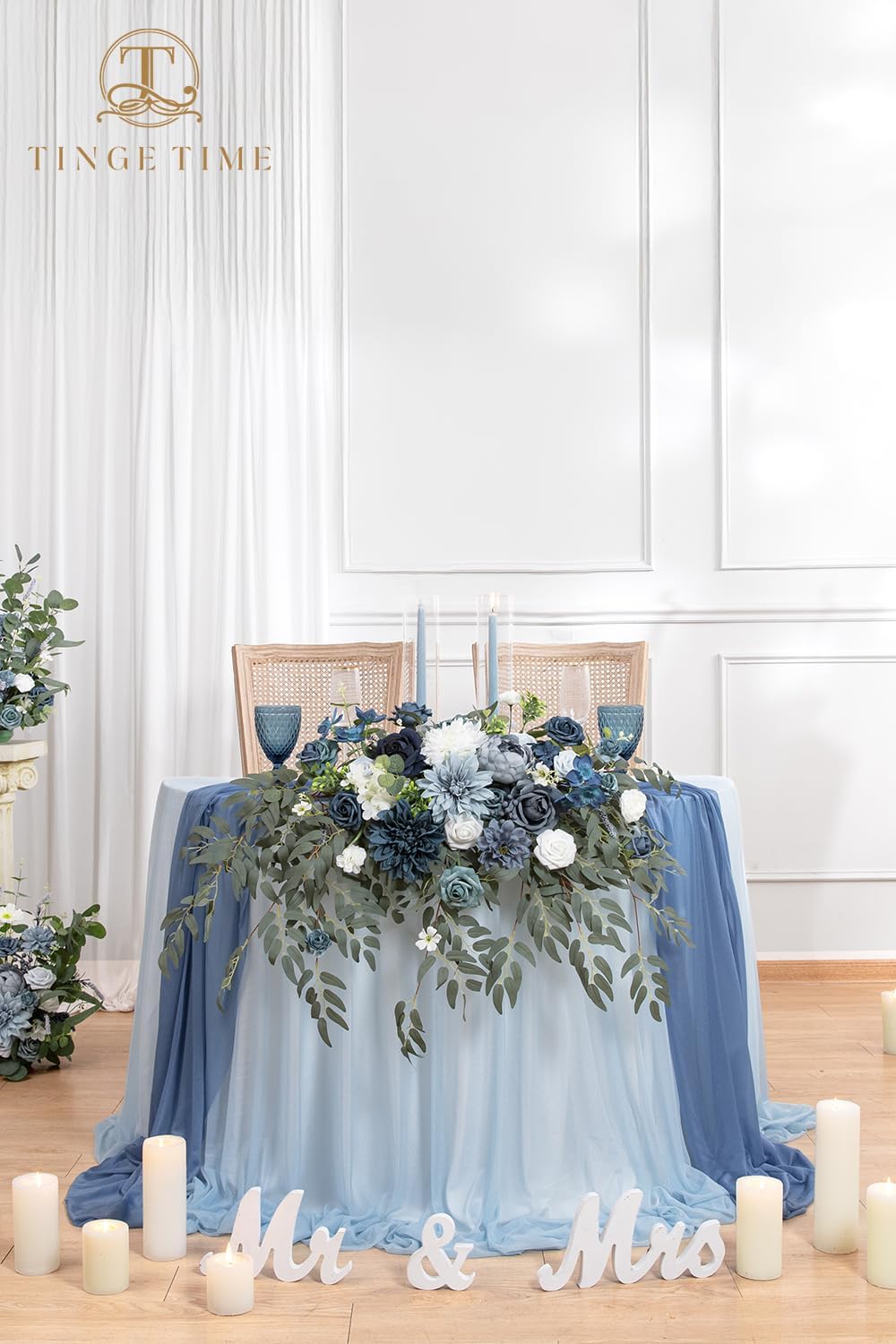 TINGE TIME Artificial Sweetheart Flower Swag with Table Cloth and Table Runner, Pack of 3 Floral Arrangement for Wedding Sweetheart Table Centerpiece Decoration (Dusty Blue)