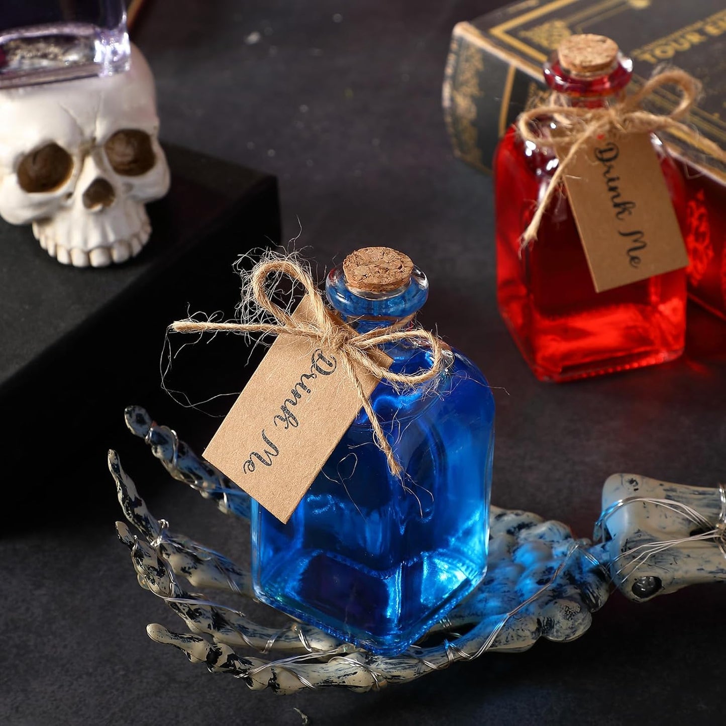 Baderke 18 Pcs 4oz Glass Potion Bottles Favor Jars with Cork Lid Twine Tags Glass Bottles Tiny Vintage Square Water Candy Jars Honey Spice Vials Party Favors DIY Crafts Halloween Wedding Decorations