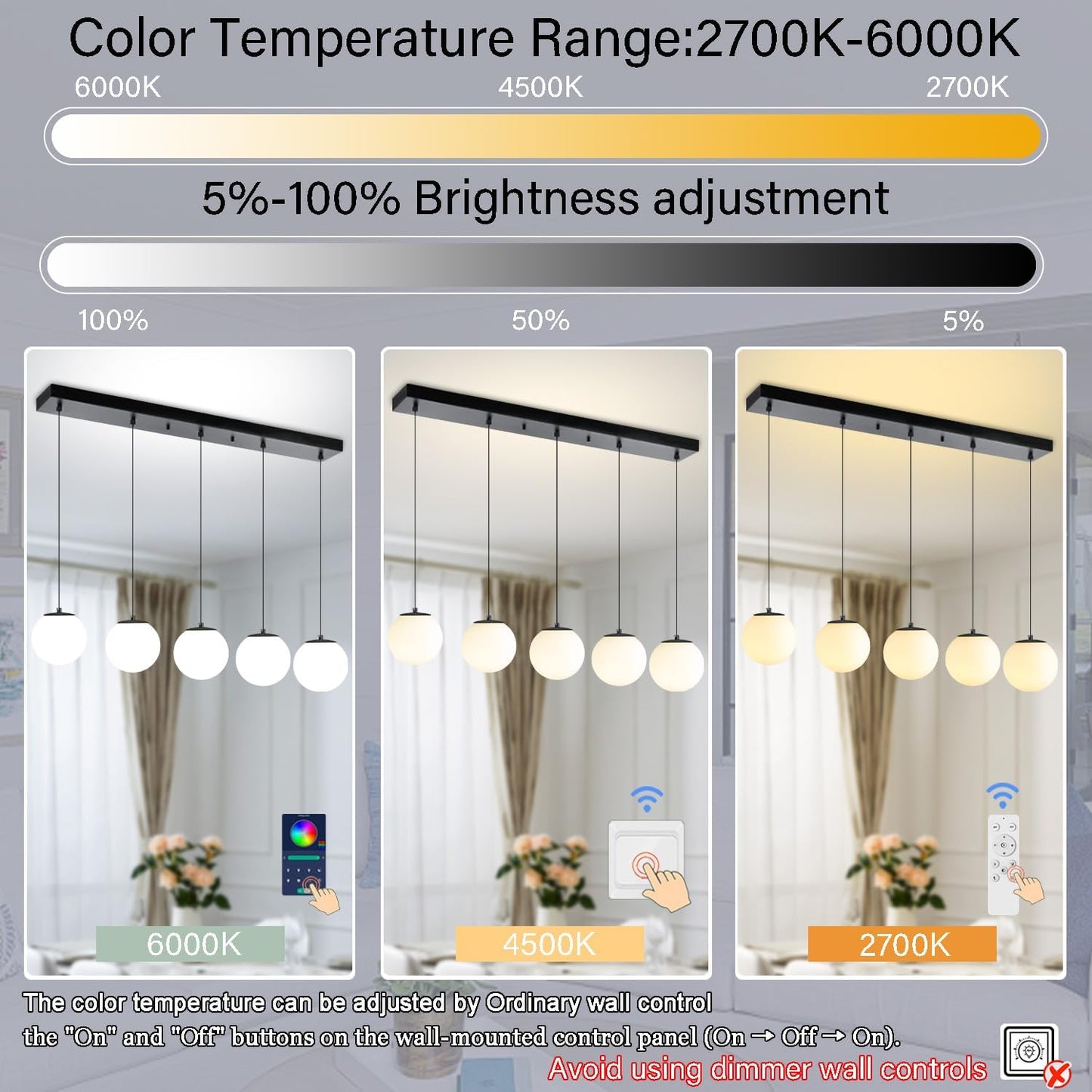 5-Lights Globe Pendant Light for Kitchen Island H 98" Black Rectangle Chandelier Milk White Glass Pendant Lighting for Living Room Bedroom Entryway