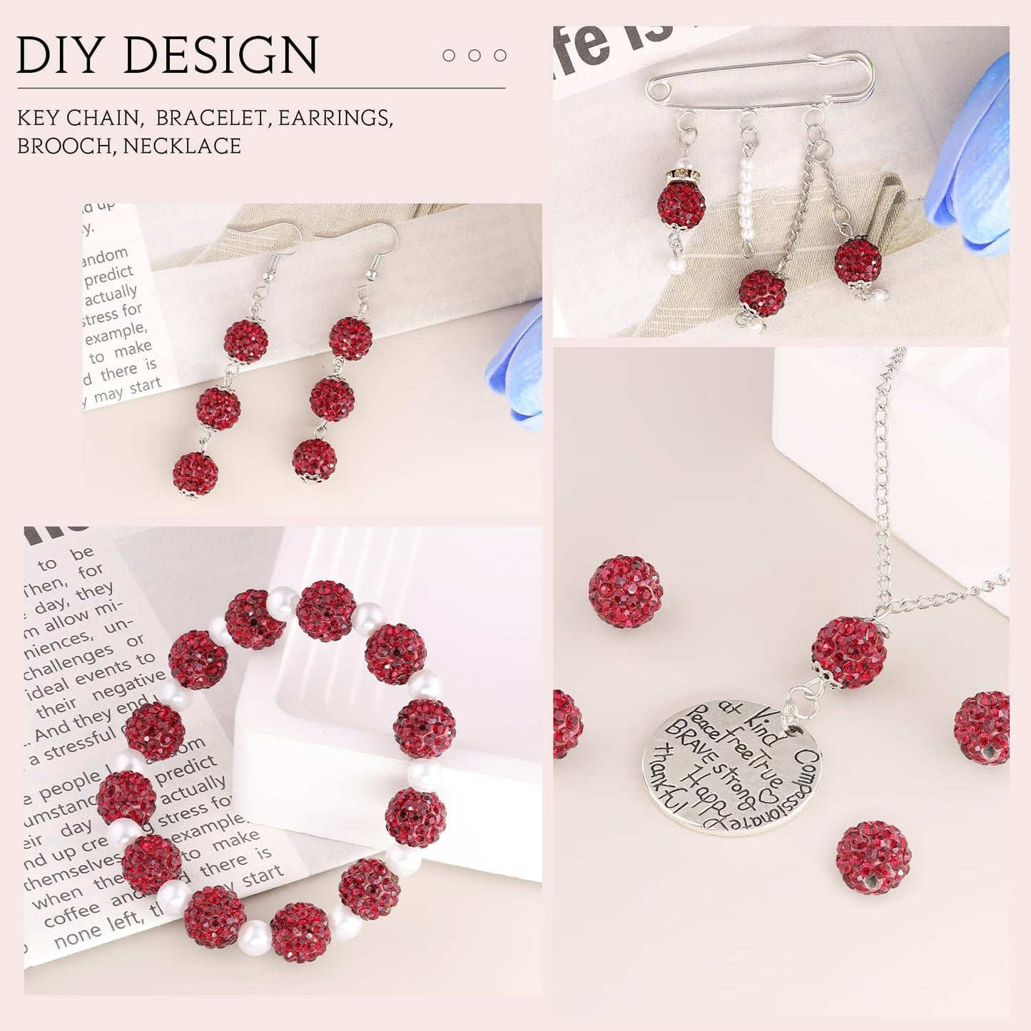 200pcs 10mm Dark Red Rhinestone Beads for Jewelry Making, Shiny Round Shamballa Disco Ball Beads Bulk, Sparkle Crystal Clay Christmas for Bracelet Baseball Necklace Earring Crafting and DIY