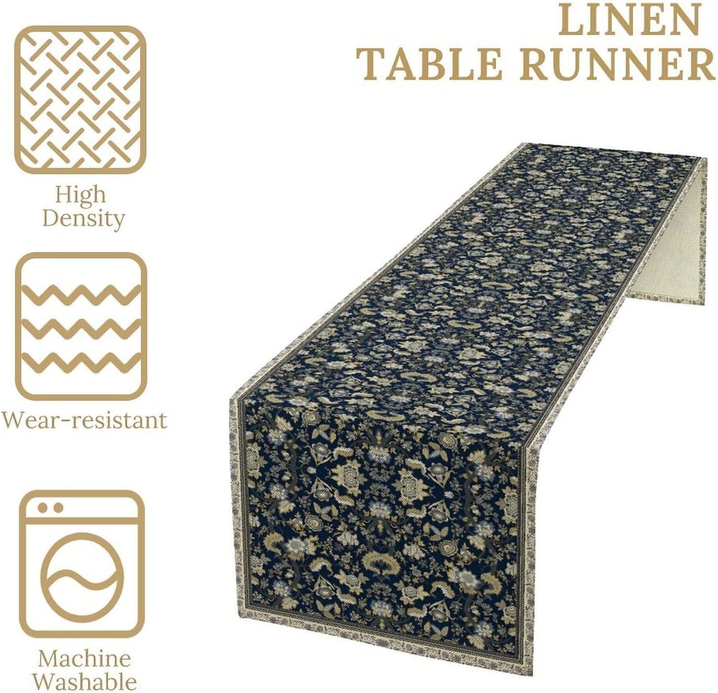 Vintage Boho Floral Table Runner, Morris Rustic Country Farmhouse Dark Blue Grey Retro Flower Pattern for Home Kitchen Table Decor Dining Coffee Room Party Decor 13x60in