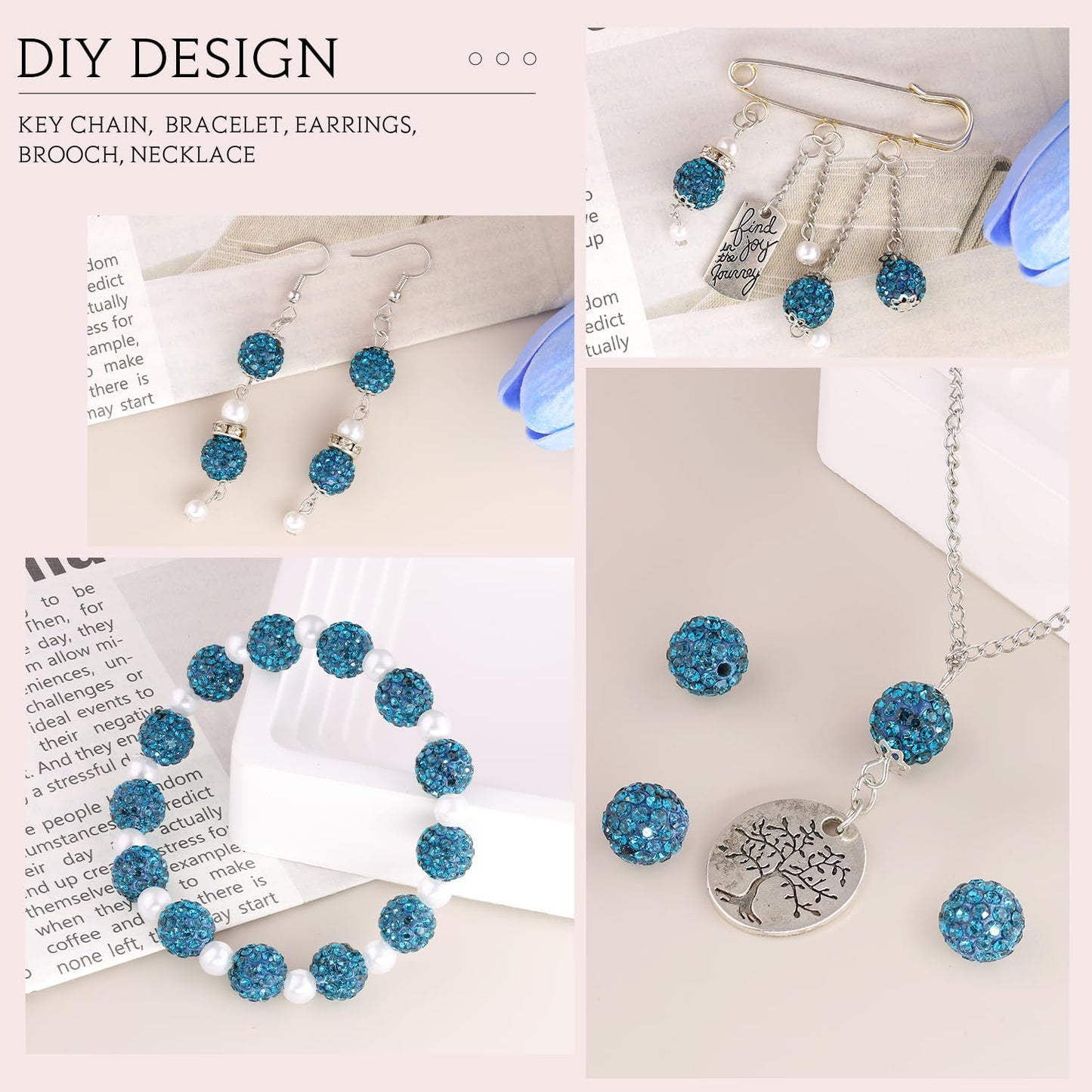 150 pcs 10mm Rhinestone Beads for Jewelry Making, Blue Zircon Shiny Round Shamballa Disco Beads Bulk, Sparkle Crystal Clay Christmas for Bracelet Baseball Necklace Earring Crafting and DIY