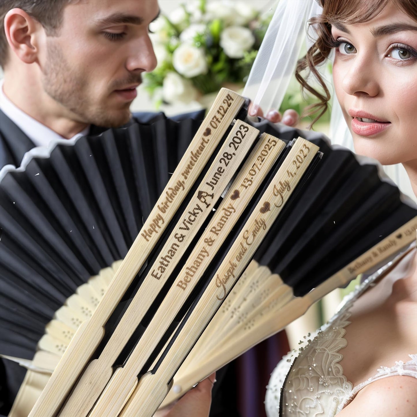 150Pcs Personalized Silk Fans Folding Hand Fan, Custom Wedding Bridal Party Favors, Summer Wedding Bride, Wedding Gift, Thank You Gift (Black)