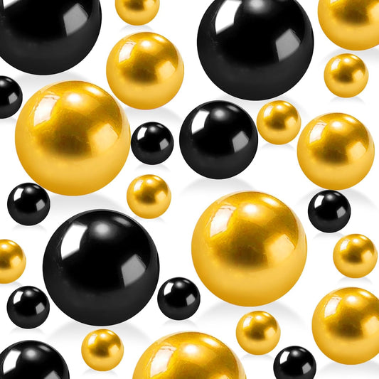 180PCS Black Gold Beads for Centerpieces Vases, No Hole Polished Pearl Makeup Beads Mixed 8/14/20mm Sizes, Pearl Vase Fillers Table Scatters for Party Wedding Decor