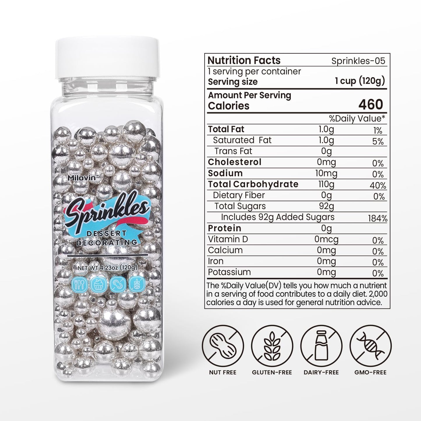 Pearls for Cake Decorating, Silver Pearl Sprinkles, Silver Metallic Sprinkles for Cake Decoration, Perfect for Cupcakes, Macaron, Cookies, Waffles, and Ice Cream Topping.120g(4.23oz)