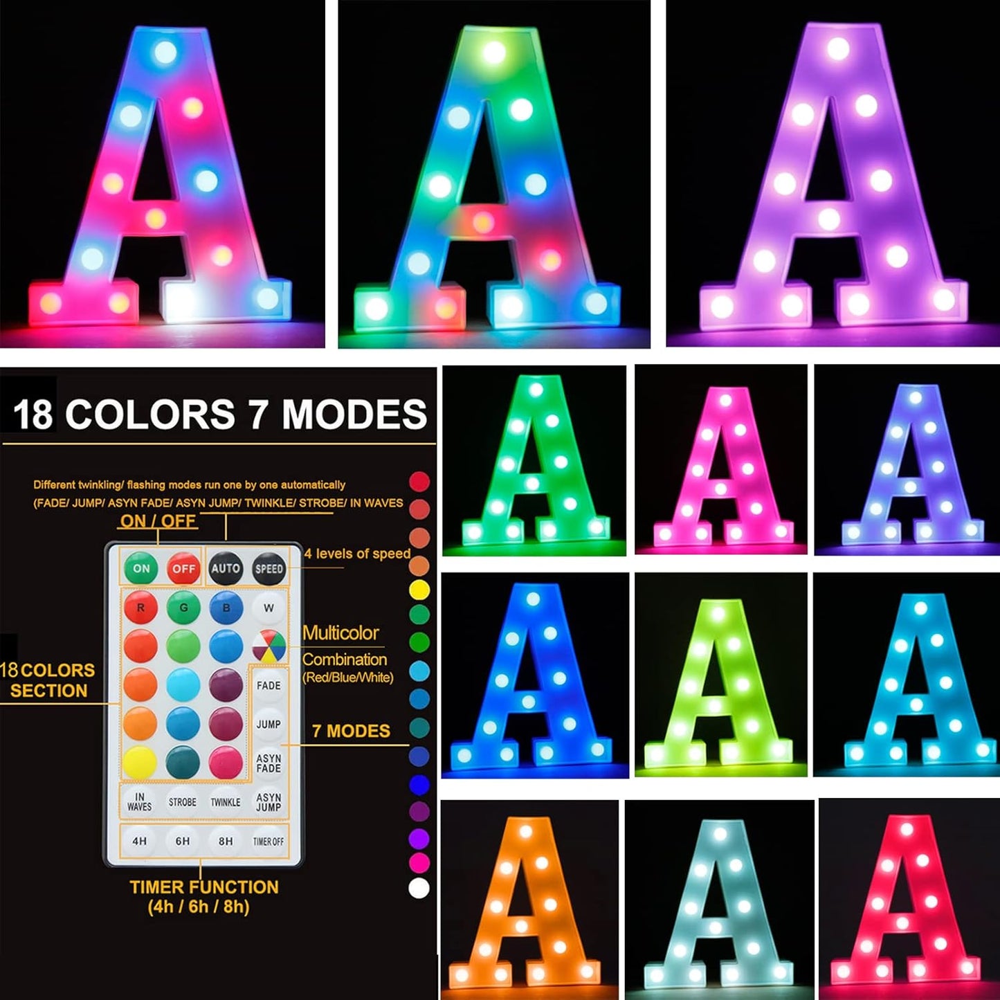 Light Up Colorful LED Marquee Letter lights, 18 Colors Changing Alphabet Letters Sign with Remote Timer for Night Light Girls Bedroom Wedding Birthday Party Lamp Christmas Home Bar Decor- Colorful Y