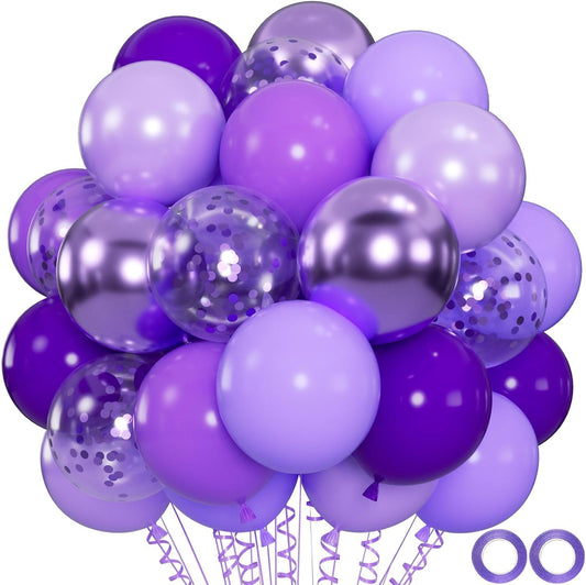 100pcs Purple Balloons - 12inch Metallic Chrome & Lavender Lilac Balloons with Confetti for Wedding, Baby Shower, Bridal Shower, Princess Birthday Parties (with 66ft Ribbons)