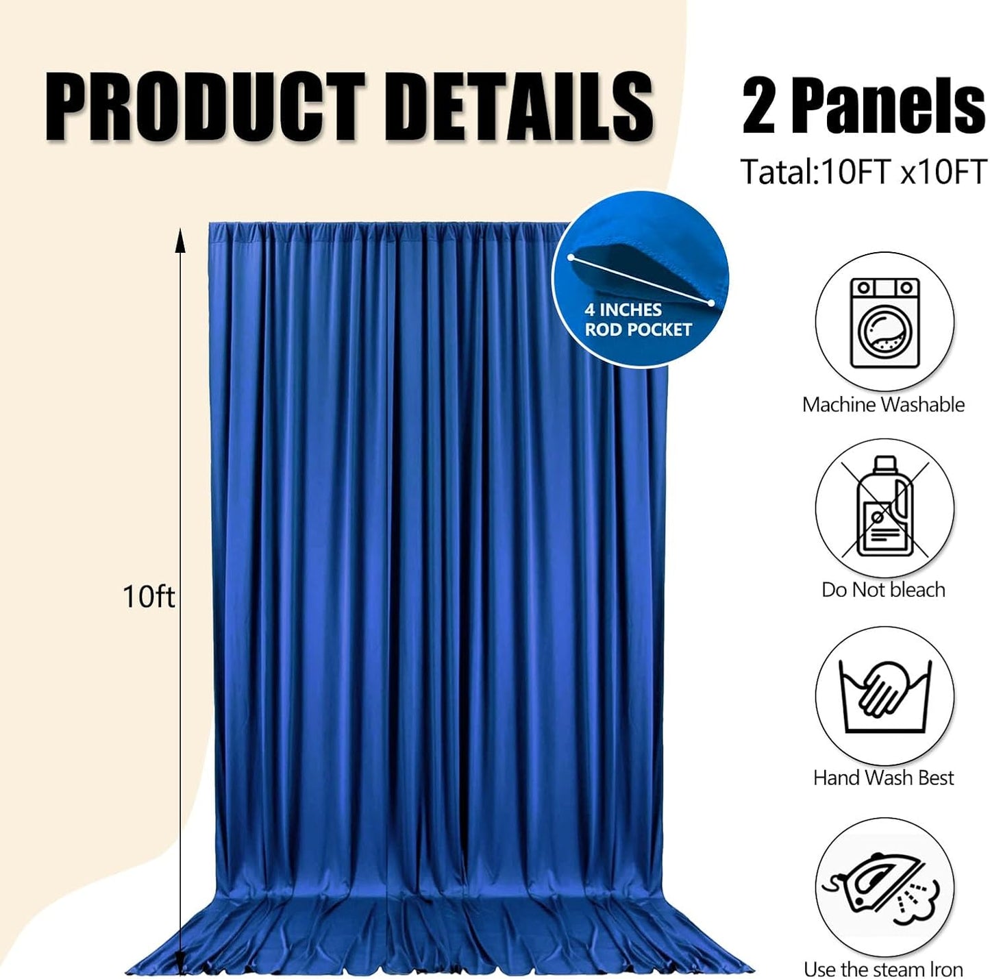 10ft x 10ft Royal Blue Backdrop Curtains for Parties, Fabric Satin Background Curtain with Rod Pockets for Weddings, Birthday, Baby Shower, Photography, Graduation Party Backdrop Drapes, 2 Panels