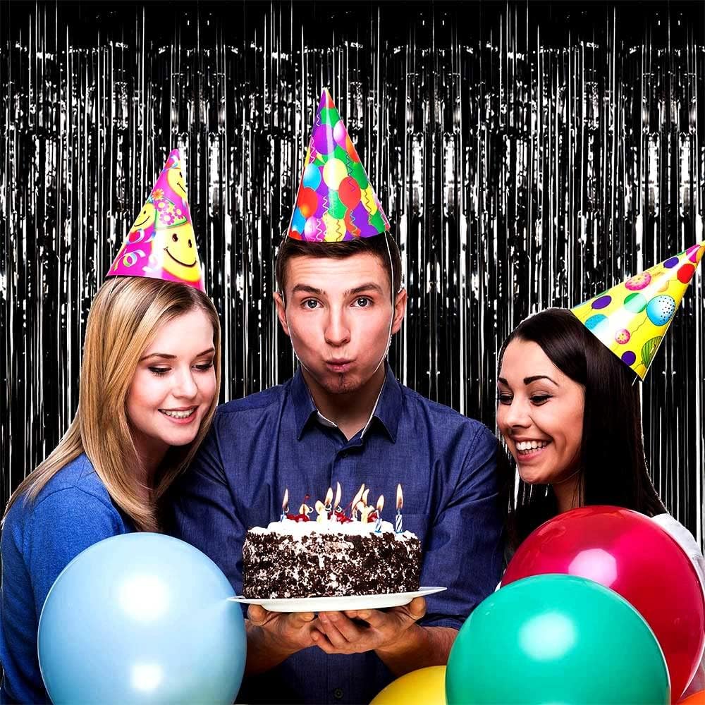 4 Pack Black Foil Fringe Curtain Backdrop, 3.28Ftx9.84Ft Metallic Tinsel Foil Fringe Streamers Curtains for Party, Photo Booth Props, Birthday, 2022 Graduation Decoration Supplies
