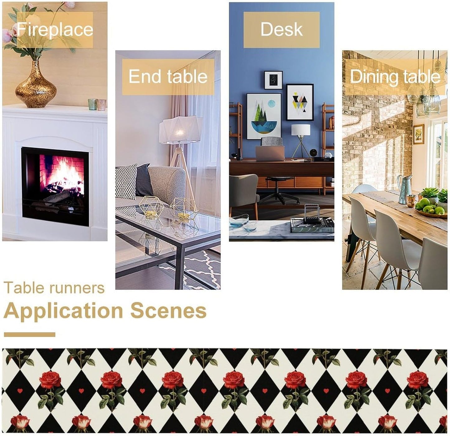 Vintage Rose Table Runner, Red Rose Hearts Black White Checkered Background Table Runner for Kitchen Dinning Table Runner Decor Home Wedding Party Holiday, 13x108 Inch