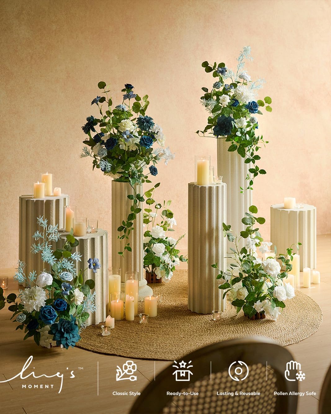 Ling's Moment 17.5" Tall Standing Artificial Flowers Arrangements 4 pcs Wedding Aisle Runner Chair Decorations Dusty Blue Navy Centerpieces for Ceremony Reception Rose Floral Party Outdoor