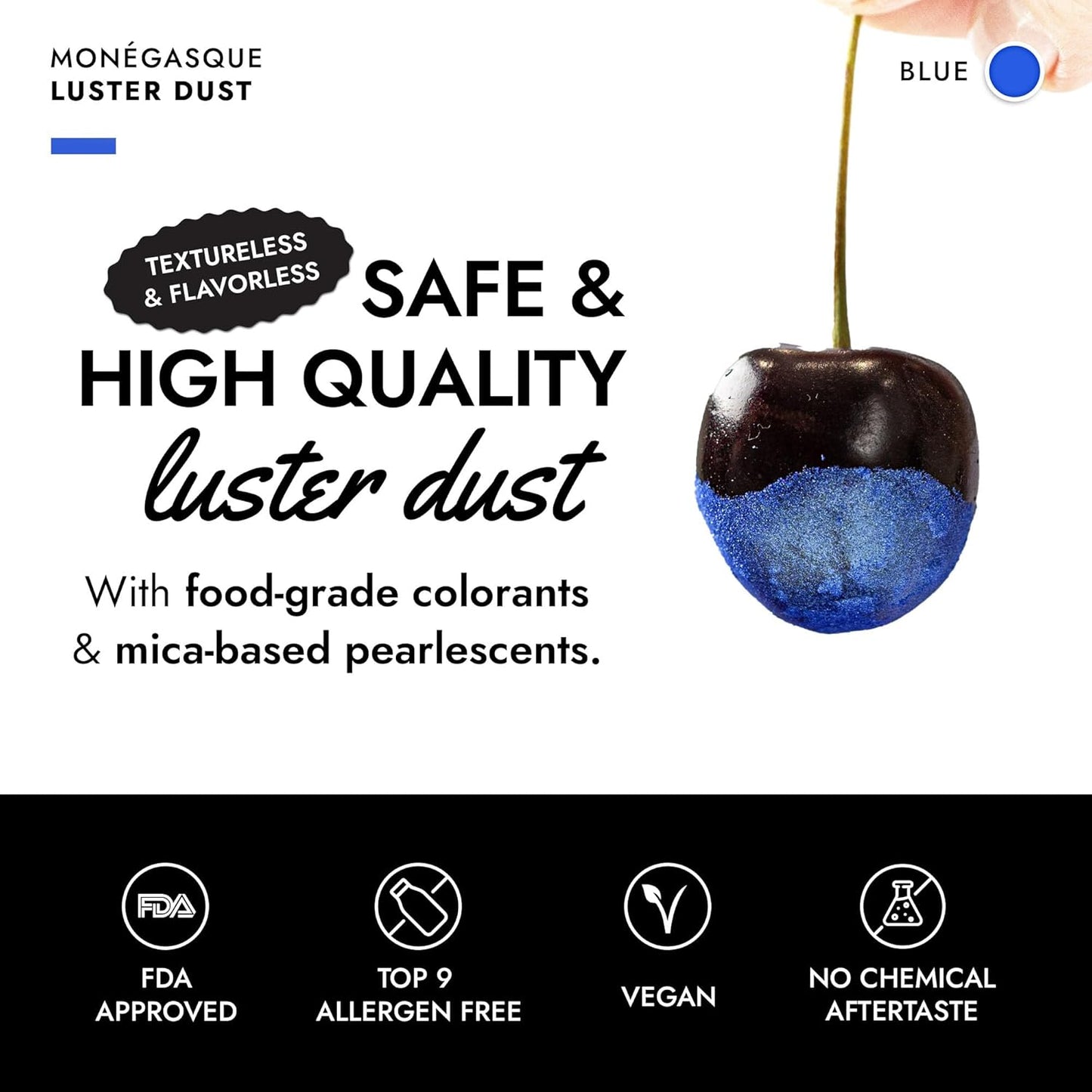 MONÉGASQUE Blue Edible Glitter for Drinks 7g – Edible Glitter for Cakes - Blue Luster Dust for Drinks, Cocktail, Cake, & Strawberries - Halloween Drink, Food, & Cake Decorations Spray Sparkles