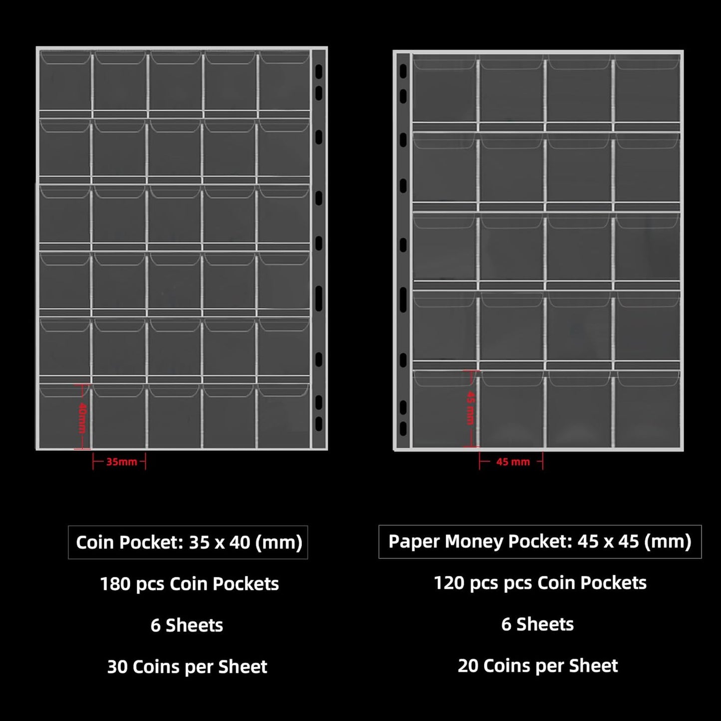 Coin Collection Book Holder for Collectors, 300 Pockets Fireproof Coins Collecting Album & 36 Sleeves Money Storage Case for Coin Currency Collection Supplies, Bill, Pennies, Quarters, Stamp,Pink