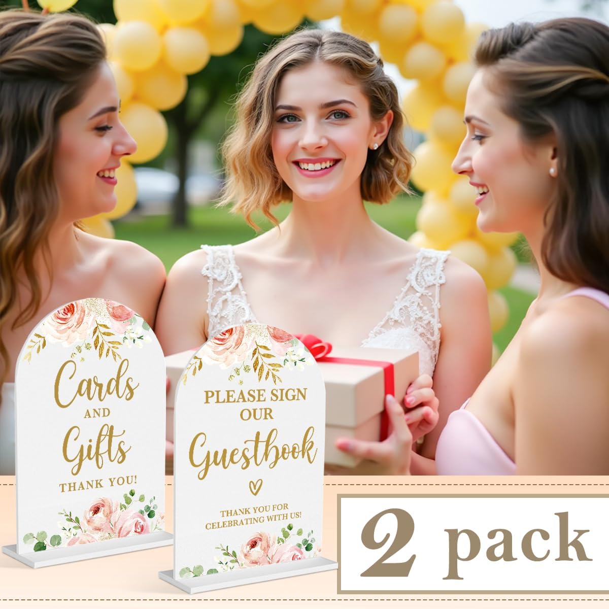 2 Pcs Acrylic Wedding Signs for Reception, Bridal Shower Decorations, Cards and Gifts Signs, Guest Book Sign, Arch Acrylic Table Top Sign with Holder for Wedding Reception (White Pink Flowers)
