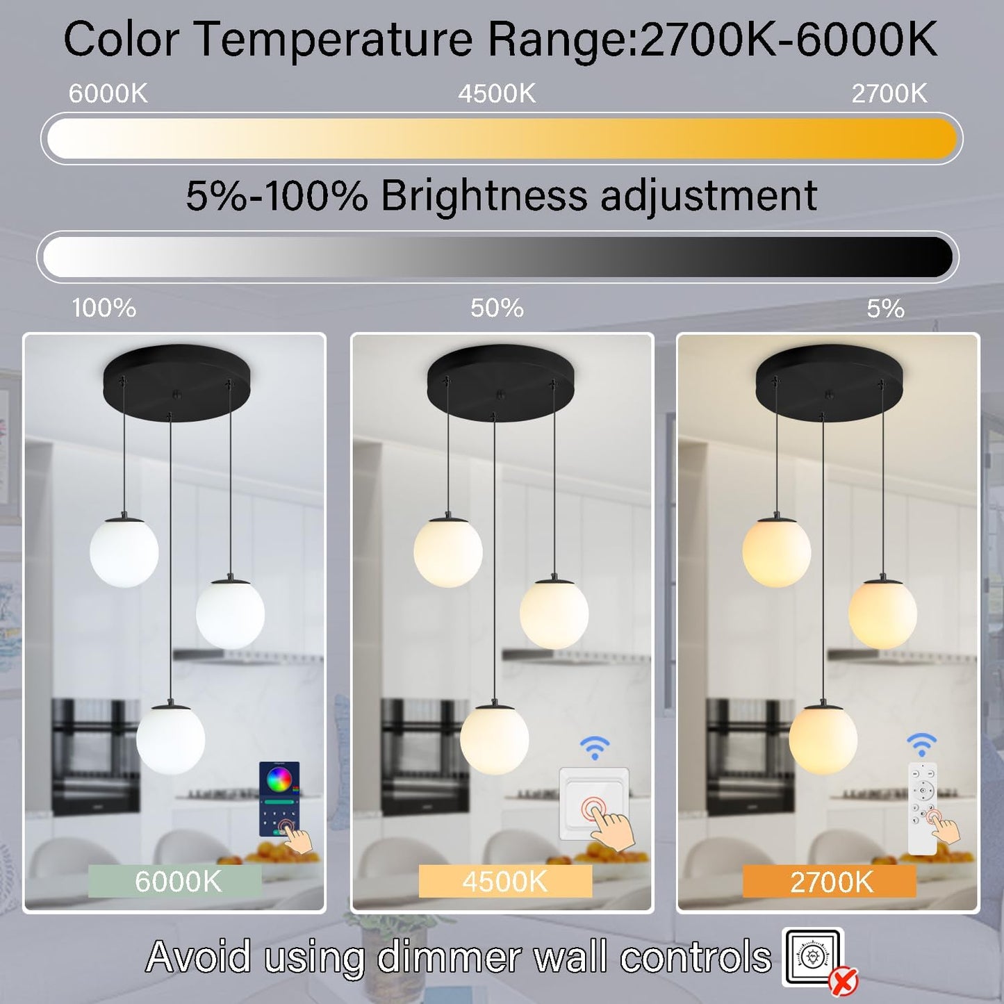 3-Lights Globe Glass Pendant Light Modern White Globe Glass Chandelier Mid Century Chandelier Black Hanging Fixture for Kitchen Island Foyer Hallway Dining Room