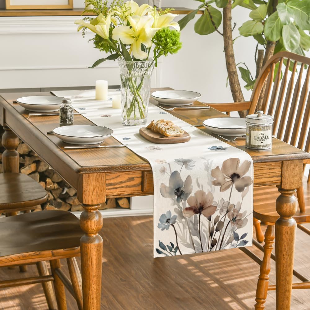 Artoid Mode Brown Poppy Floral Leaves Spring Table Runner, Seasonal Summer Kitchen Dining Table Decoration for Home Party Decor 13x60 Inch
