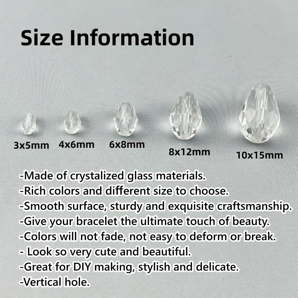 150pcs 4x6mm Teardrop Crystal Glass Beads for Jewelry Making, Faceted Vertical Hole Teardrop Glass Spacer Beads for Wind Chimes Bracelet Earring Necklace DIY Craft(Transparent)